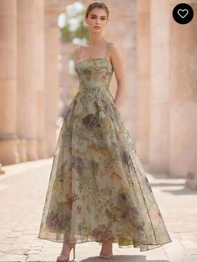Rickie Freeman for Teri Jon Green Floral Organza Maxi Dress Size 2